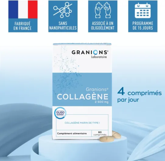 COLLAGENE MARIN GRANIONS - Collagene Marin 2500mg + Zinc - Hydratation de la Peau - Collagene Marin Hydrolysé Type 1 + Zinc Complement Alimentaire - Collagene Marin Fabriqué en France - 60 comprimés COLLAGÈNE - Lot de 2 x 60 comprimés