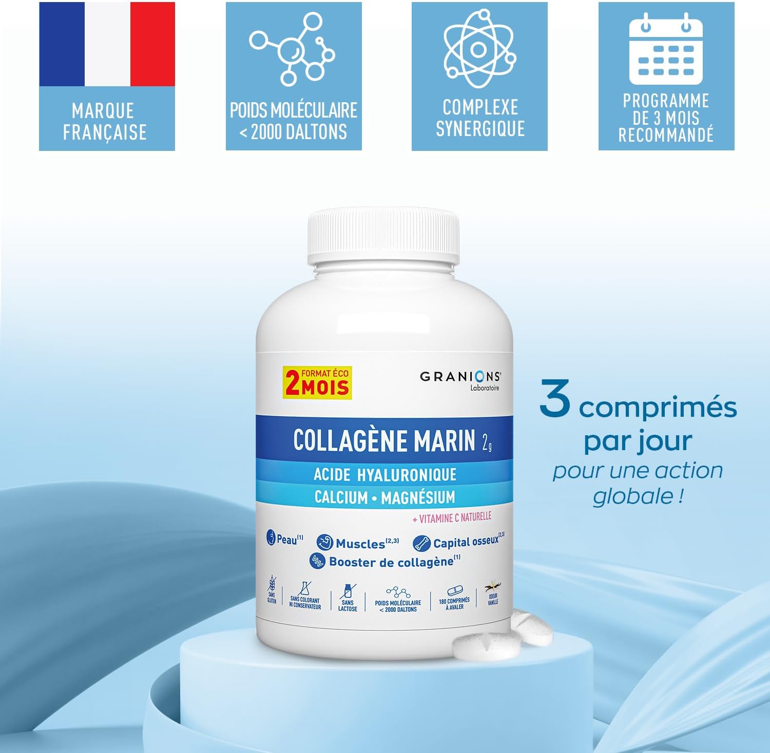 Collagene Marin 2 MOIS- Collagene et Acide Hyaluronique Hydrolysé, Vitamine C, Magnesium & Calcium - Anti Age, Booster de Collagene - 180 Comprimés à Avaler - Collagene Marin Goût Vanille Complexe Collagène en Comprimés 2 mois