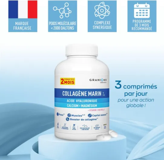 Collagene Marin 2 MOIS- Collagene et Acide Hyaluronique Hydrolysé, Vitamine C, Magnesium & Calcium - Anti Age, Booster de Collagene - 180 Comprimés à Avaler - Collagene Marin Goût Vanille Complexe Collagène en Comprimés 2 mois