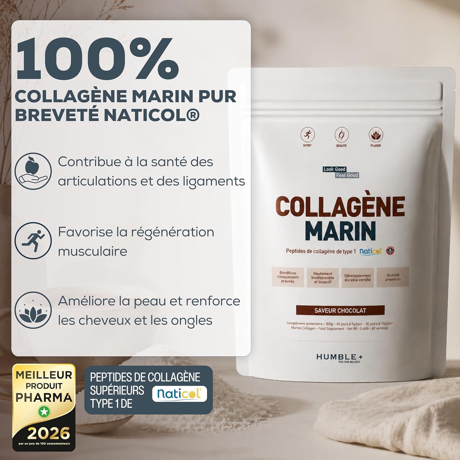 + Collagène Marin en Poudre – Peptides de Collagène Type 1 Saveur Chocolat – Soutien Peau, Cheveux, Ongles & Anti-Âge – Fabriqué en France – 300 g (60 Doses) Chocolate