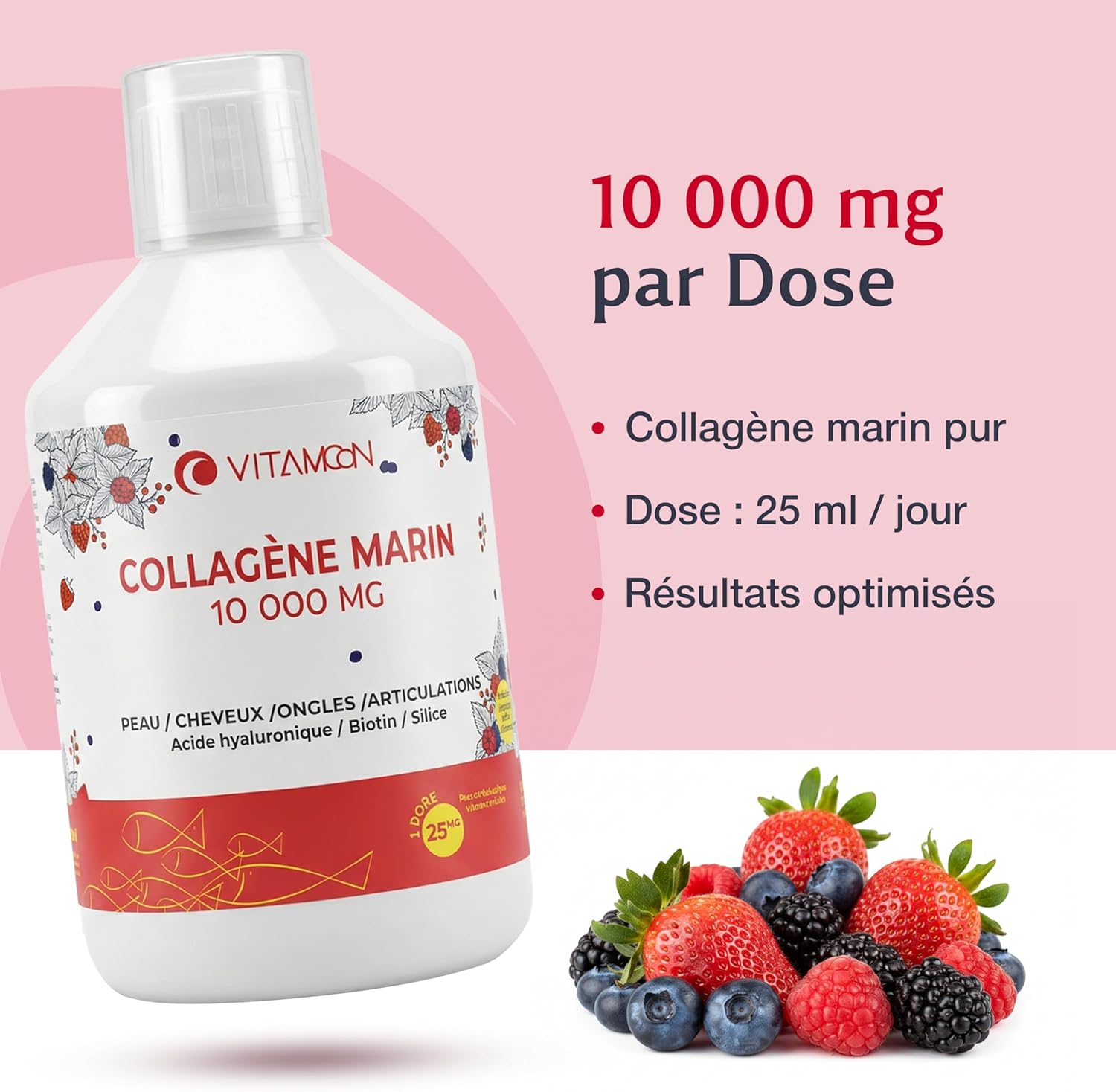 Collagène Marin Liquide 10 000 mg - Peptides Hydrolysés Type 1 & 3 (2000 Daltons) + Acide Hyaluronique, Biotine, Vitamine C - Cure Anti-Âge, Peau & Articulations - Sirop 500ml Fraise
