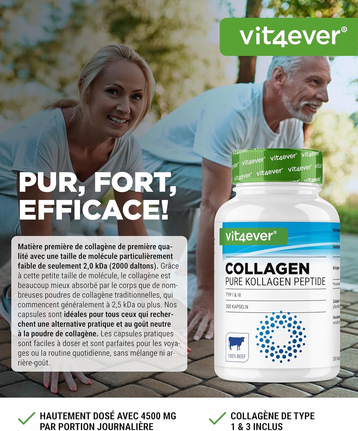 Collagen 300 Capsules - 4500mg de Collagène Bioactif Hydrolysé Peptides par Dose Journalière - Collagène Type 1 & 3 - Alternative à la Poudre - Hautement Dosé 300 unité (Lot de 1)