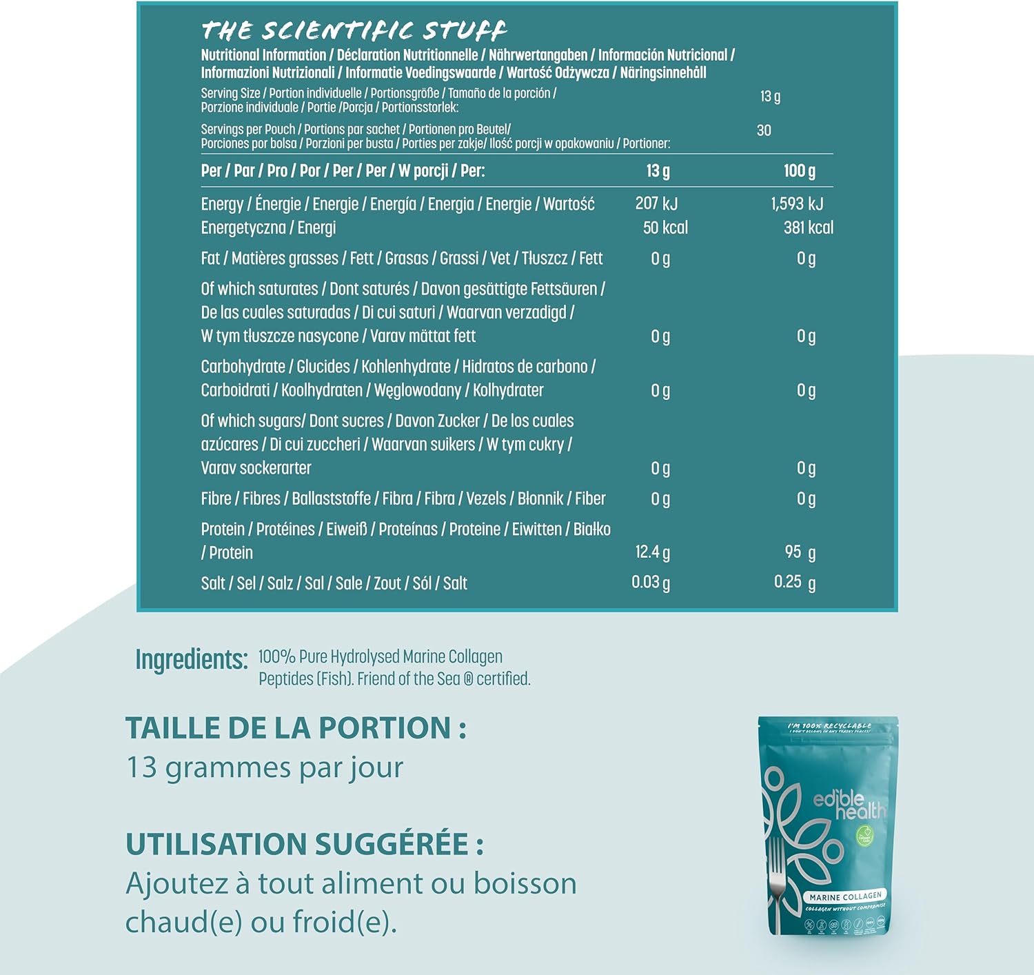 Poudre de Collagène Marin, Peptides Bioactifs, Sans Glucides, Pour Peau, Cheveux, Os et Articulations, 1kg, 70 Jours 1 Kg