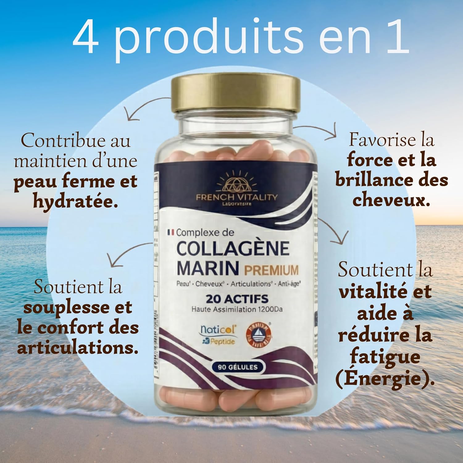 Complexe de Collagène Marin Prémium tout en un type I et III Tripeptides 1200 Da - Acide Hyaluronique, Varech Marin, CoQ10.. - 20 Actifs Peau Cheveux Articulations Anti-Âge - 1 Mois - Français