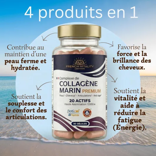 Complexe de Collagène Marin Prémium tout en un type I et III Tripeptides 1200 Da - Acide Hyaluronique, Varech Marin, CoQ10.. - 20 Actifs Peau Cheveux Articulations Anti-Âge - 1 Mois - Français