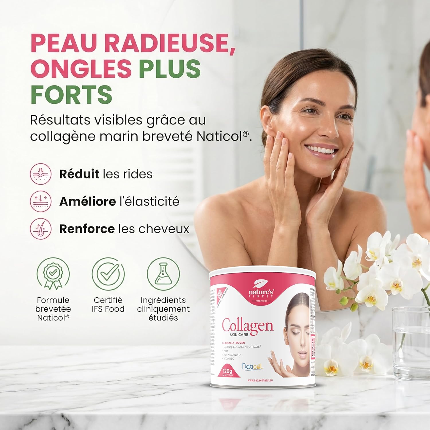 Nature's Finest Collagène Skincare avec Naticol Collagène Marin, MSM et Vitamine C Poudre, Peptides de Collagène Marin Hydrolysé Type 1 - Collagène Cheveux et Pour la Peau