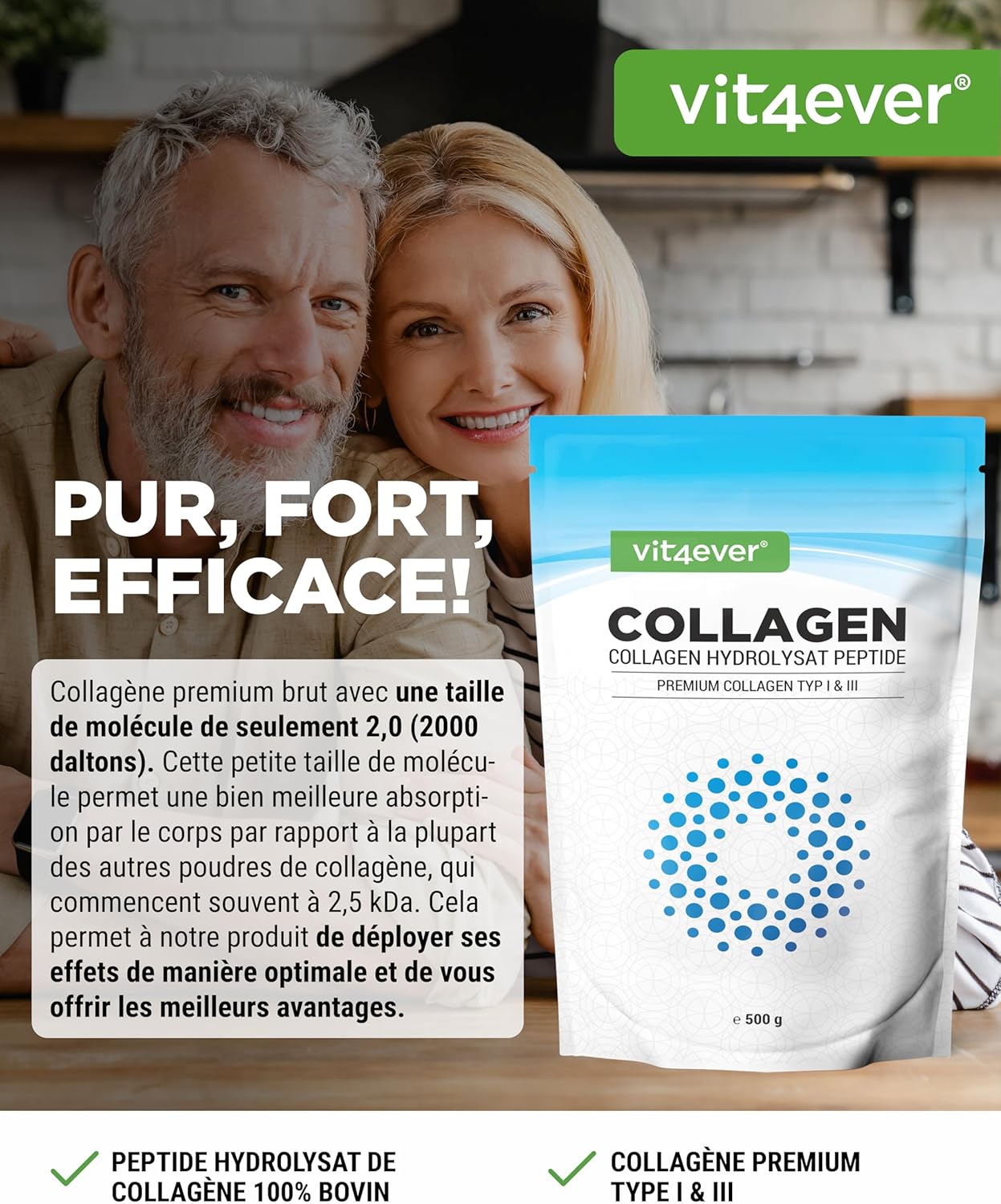 Collagène en Poudre 500 g - 100% Collagène Bioactif Hydrolysat Peptides - Type 1 et 3 - Goût Neutre - sans Additifs Paquet de 500 g