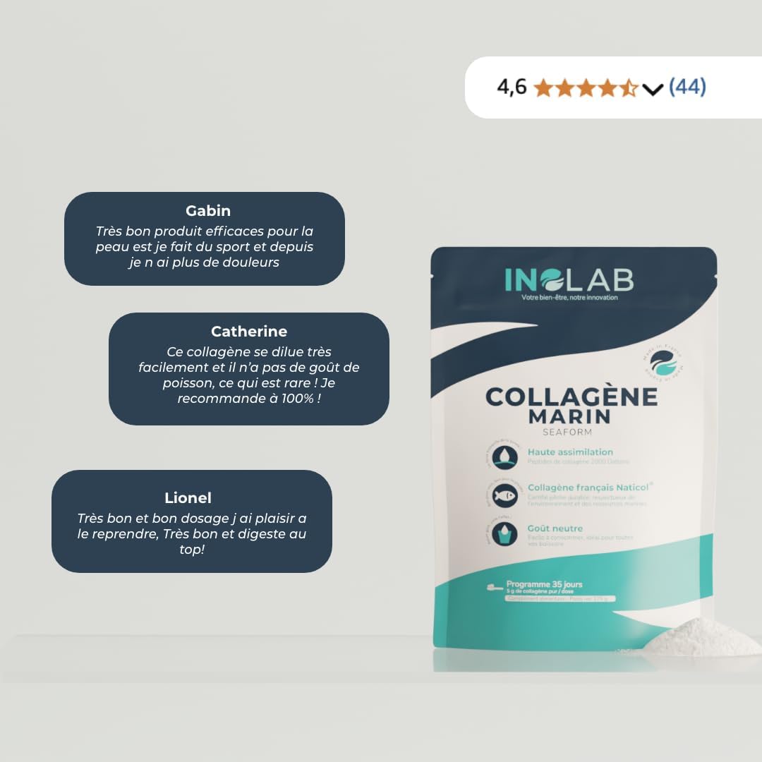 INOLAB Collagène Marin Français 2000 Da Qualité Naticol I Sachet 175g 5g/jour 35 jours I Peptides Hydrolysés I Goût neutre pour toutes vos boissons quotidiennes